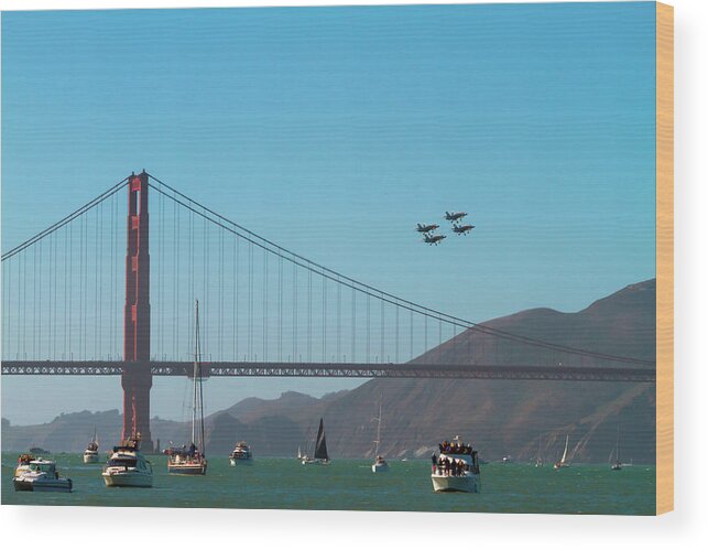 Golden Gate With Blue Angels Wood Print featuring the photograph Golden Gate with Blue Angels by Bonnie Follett