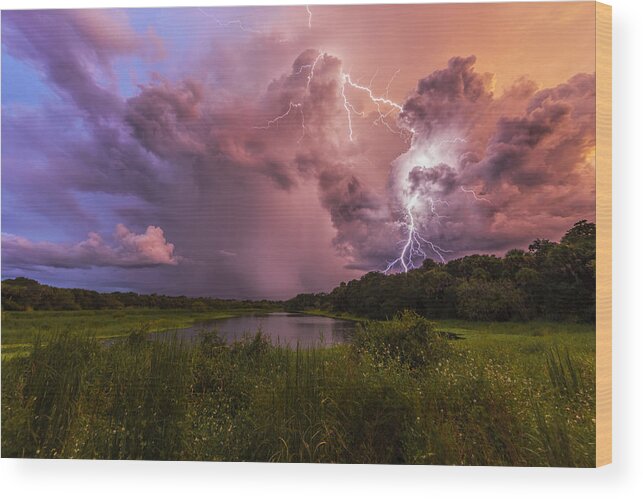 Lightning Wood Print featuring the photograph Golden Hour On Fire by Justin Battles