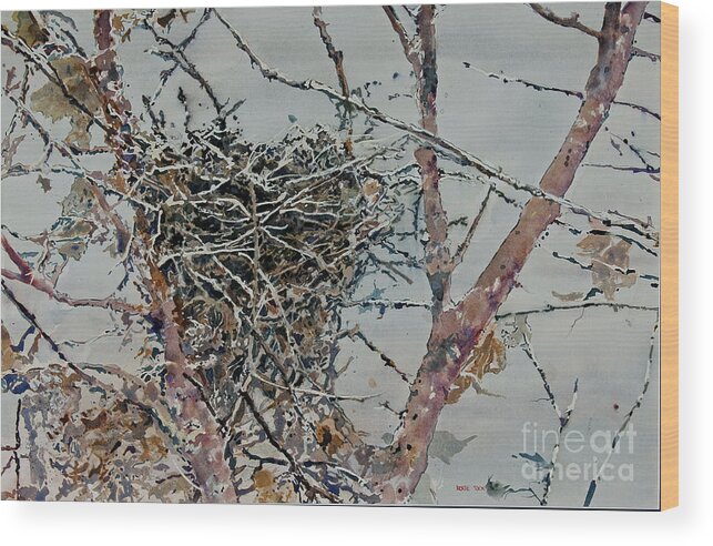 A Bird Nest In The Branches Of A Tree In Winter. Wood Print featuring the painting Gone South by Monte Toon