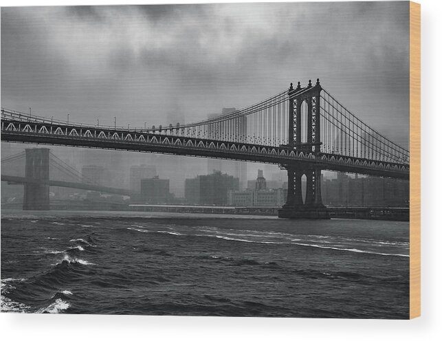 New York City Wood Print featuring the photograph Manhattan Bridge in a Storm by Adam Reinhart