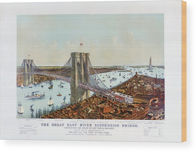 Brooklyn Bridge Wood Print featuring the drawing Great East River suspension bridge 1892 by Vintage Treasure