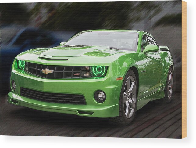 Green Wood Print featuring the photograph Green Chevrolet Camaro by Bob Slitzan
