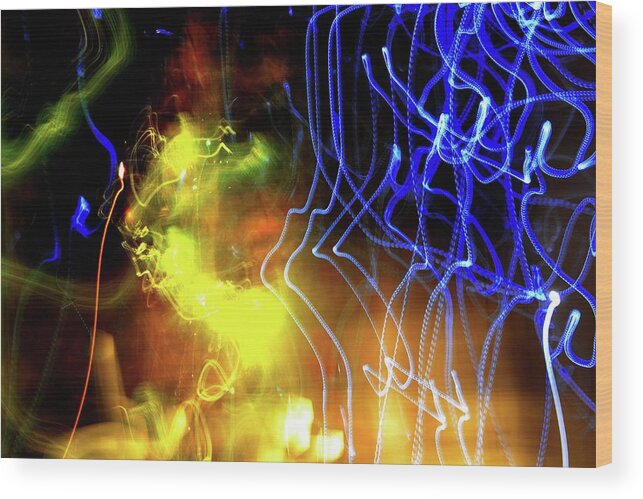 Abstract Wood Print featuring the digital art Green Yellow and Blue Lights by Lyle Crump