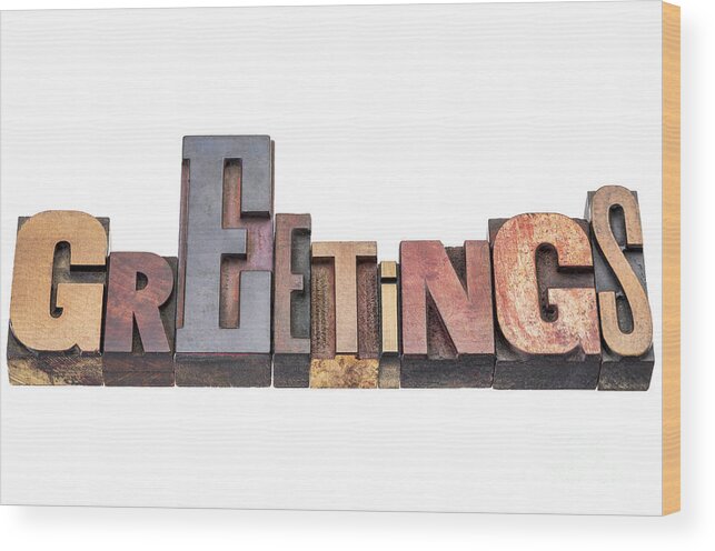 Abstract Wood Print featuring the photograph Greetings Word Abstract Typography by Marek Uliasz