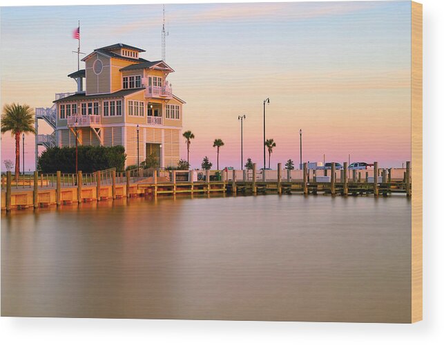 Gulfport Wood Print featuring the photograph Gulfport Harbor Master's Office - Mississippi - Sunset by Jason Politte