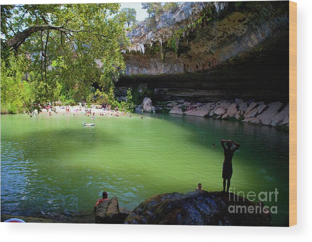 Hammetts Crossing Wood Print featuring the photograph Hamilton Pool is a favorite waterfall cave pool near Austin, Tex by Dan Herron