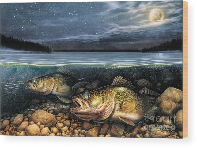 Walleye Wood Print featuring the painting Harvest Moon Walleye 1 by JQ Licensing