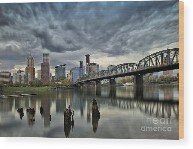 Portland Wood Print featuring the photograph Hawthorne Bridge Across The Willamette Portland Oregon by Peter Dang