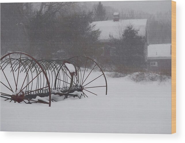 Hay Rake In The Snow Wood Print featuring the photograph Hay Rake In The Snow by Joy Nichols