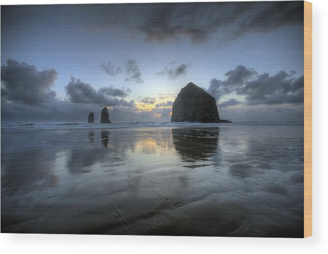 Hdr Wood Print featuring the photograph Haystacks at Sunset by Brad Granger