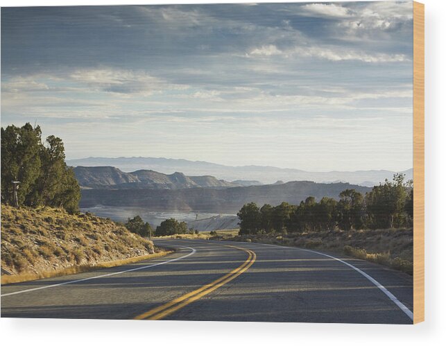 Country Road Wood Print featuring the photograph Heading Flaming Gorge Reservoir, Utah by Tatiana Travelways