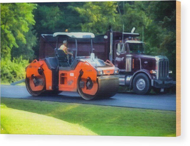Pressure Wood Print featuring the painting Heavy tandem Vibration roller compactor at asphalt pavement works for road repairing 1 by Jeelan Clark