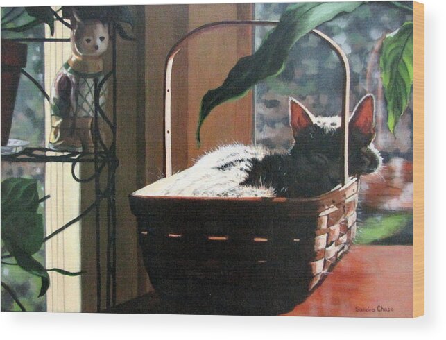 Cat Wood Print featuring the painting Her Basket by Sandra Chase
