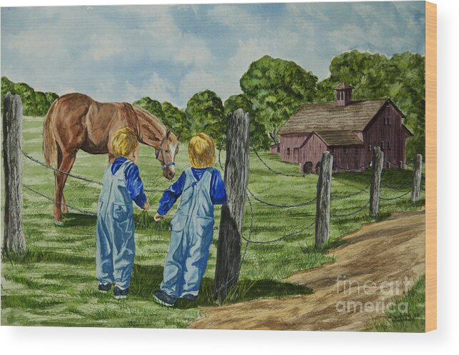 Country Kids Art Wood Print featuring the painting Here Horsey Horsey by Charlotte Blanchard