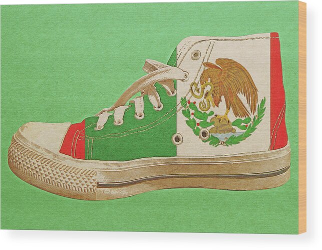 Shoe Wood Print featuring the digital art Hi Top with Mexican Flag by Anthony Murphy