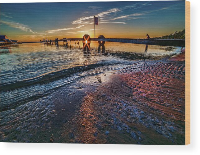 Sunflare Wood Print featuring the photograph Higgins Lake Maplehurst Dock Sunflare by Joe Holley