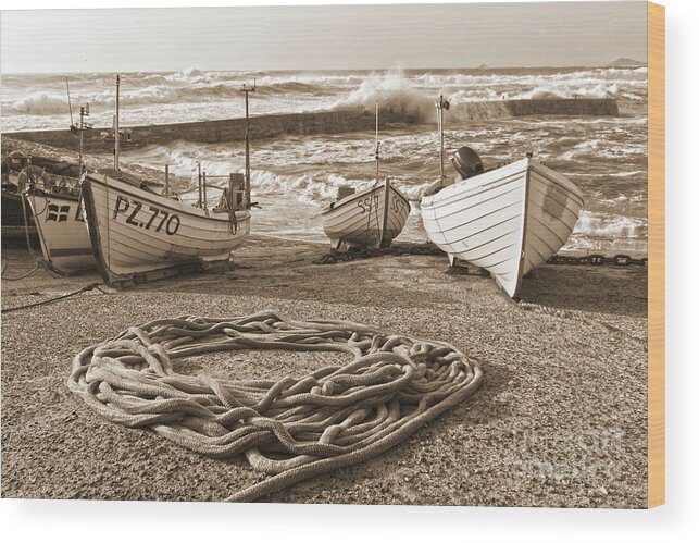 Harbor Wood Print featuring the photograph High Tide In Sennen Cove Sepia by Terri Waters