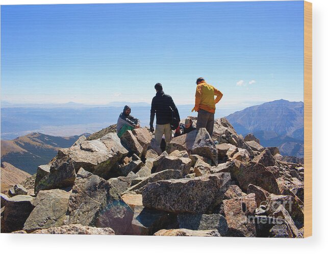 14000 Foot Peak Wood Print featuring the photograph Hikers at Summit on Mount Yale Colorado by Steven Krull