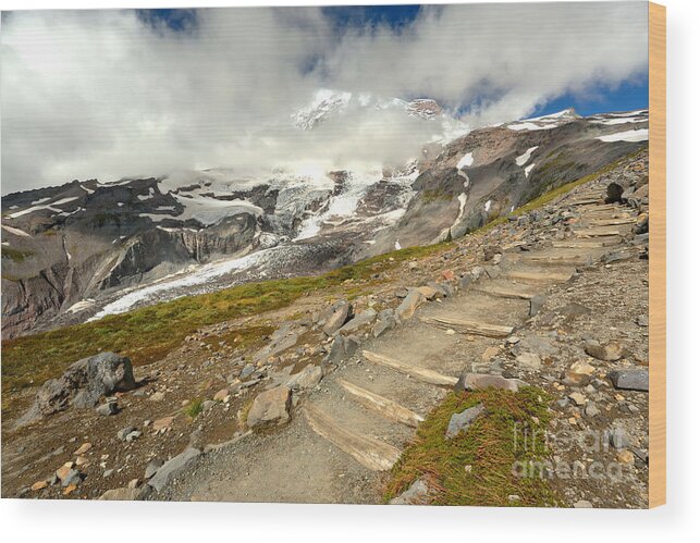 Mt Rainier Wood Print featuring the photograph Hiking The Rainier Skyline Trail by Adam Jewell