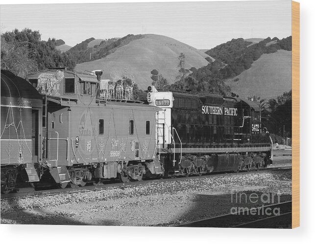 Black And White Wood Print featuring the photograph Historic Niles Trains in California . Southern Pacific Locomotive and Sante Fe Caboose.7D10843.bw by Wingsdomain Art and Photography