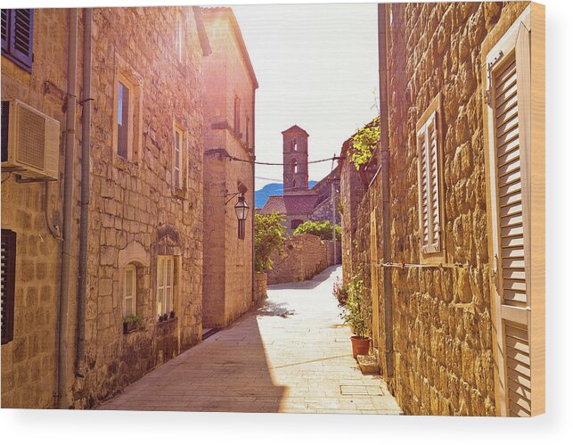 Ston Wood Print featuring the photograph Historic town of Ston street and church view by Brch Photography