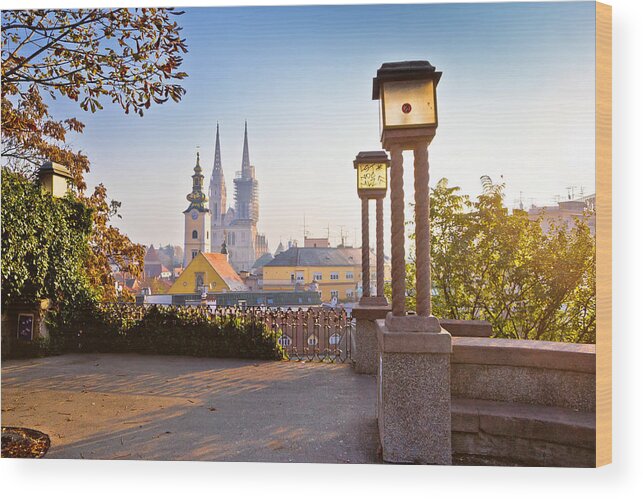 Zagreb Wood Print featuring the photograph Historic Zagreb towers sunrise view by Brch Photography