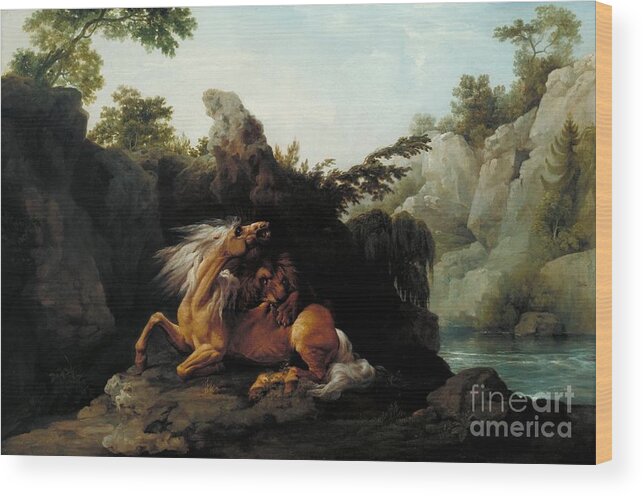 George Stubbs - Horse Devoured By A Lion Wood Print featuring the painting Horse Devoured a Lion by MotionAge Designs