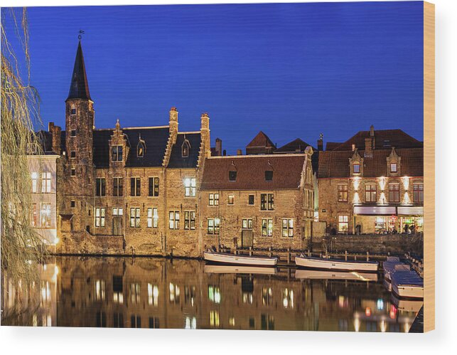 Bruges Wood Print featuring the photograph Houses by a Canal - Bruges, Belgium by Barry O Carroll