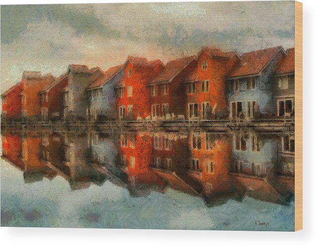 Landscape Wood Print featuring the painting Houses by the Sea by Kai Saarto
