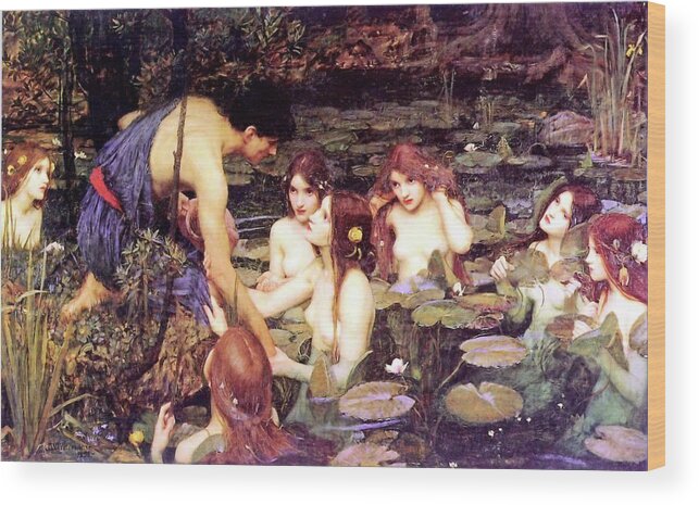 Hylas And The Nymphs Wood Print featuring the painting Hylas and the Nymphs by John William Waterhouse