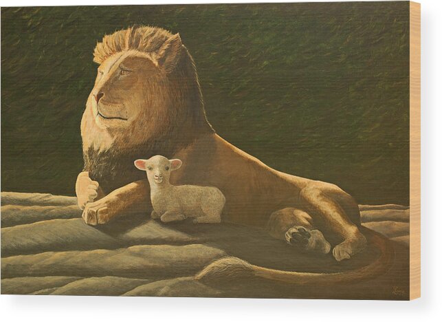 Lion Lamb Peace Inspiration Love Bible Biblical Scripture Christian Wood Print featuring the painting Hymn for Sister Jeannette by Laurie Stewart
