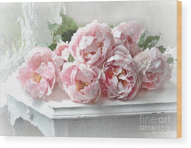 Peony Wood Print featuring the photograph Impressionistic Watercolor Pink Peonies - Pink and White Romantic Shabby Chic Still Life Peonies Art by Kathy Fornal