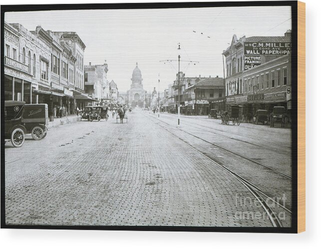 Picture Wood Print featuring the photograph In this historical 1913 photo, horse drawn carriages in downtown Austin by Dan Herron