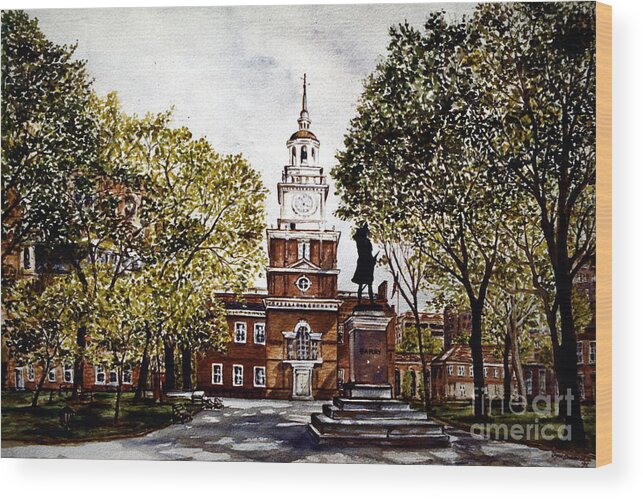 Landscape Wood Print featuring the painting Independence Hall by Joyce Guariglia