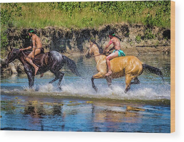 Little Bighorn Re-enactment Wood Print featuring the photograph Indian Warriors Crossing Little Bighorn River by Donald Pash