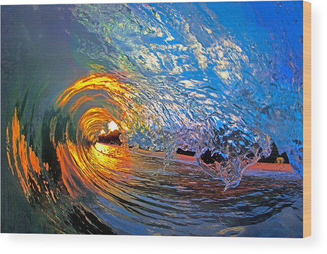 Makena Beach Shorebreak Tube Barrel Wave Sunset Wood Print featuring the photograph Into The Blue by James Roemmling