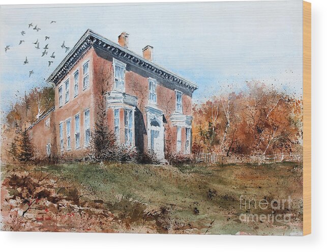  A Flock Of Pigeons Fly Above The Historical Home Of James Mcleaster Near Lawrenceburg Wood Print featuring the painting JAMES McLEASTER HOUSE by Monte Toon