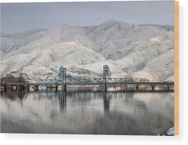 Lewiston Idaho Id Clarkston Washington Wa Lc-valley Lc Valley Pacific Northwest Lewis Clark Landscape Palouse Winter January Cold December Snake River Icy Snow Reflection Calm Water Hill Mountain Interstate Confluence White Frosty Frost Nice Beautiful Popular Wood Print featuring the photograph January Blue Bridge by Brad Stinson