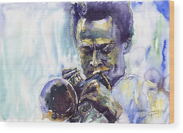 Jazz Miles Davis Music Musiciant Trumpeter Portret Wood Print featuring the painting Jazz Miles Davis 10 by Yuriy Shevchuk