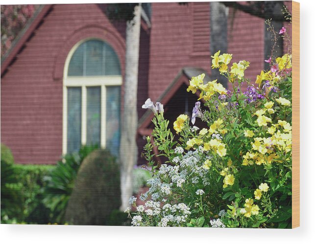 Beach Photographs Wood Print featuring the photograph Jekyll Island Chapel and Flowers by Bruce Gourley