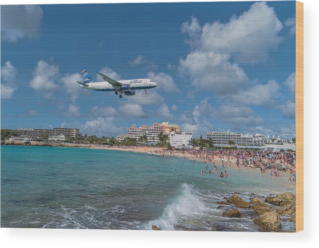 Jetblue Wood Print featuring the photograph jetBlue at St. Maarten by David Gleeson