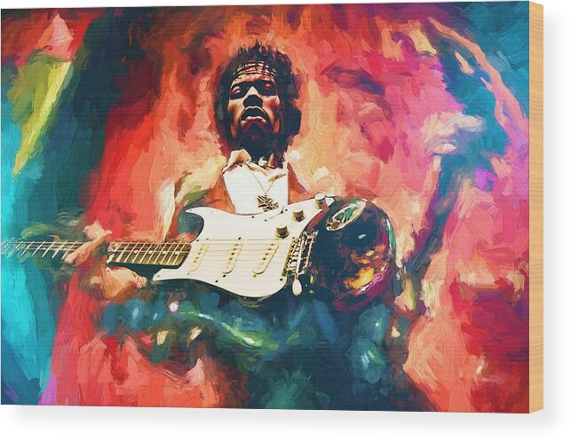 Jimi Hendrix # Hendrix # Pop Star # Rock Star # Music Legend # # Famous People Portraits # Guitar # Guitar Rock # Fender Stratocaster # Psychedelic Music # Woodstock # Voodoo Child # Rock And Roll # Jimi Hendrix Painting # Wood Print featuring the painting Jimi Hendrix by Louis Ferreira