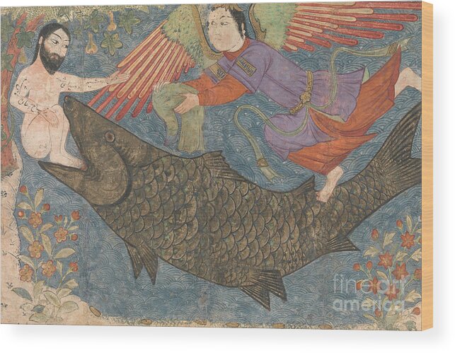 Jonah And The Whale Wood Print featuring the drawing Jonah and the Whale by Iranian School