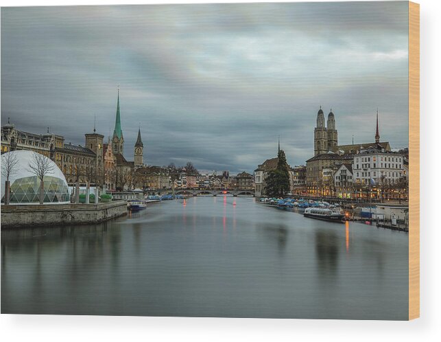 Hdr Composite Wood Print featuring the photograph Just after sunset in Zurich by M C Hood