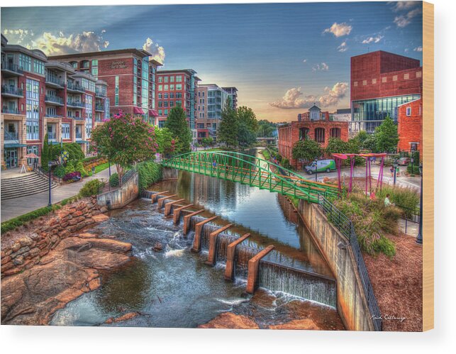 Reid Callaway The Main Attraction Wood Print featuring the photograph Greenville SC Just Before Sunset 2 Reedy River Falls Park Cityscape Architectural Art by Reid Callaway