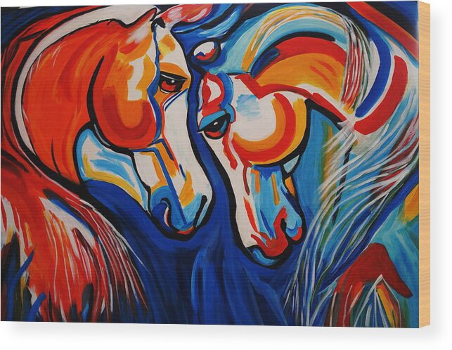 Abstract Wood Print featuring the painting Just Horsing Around by Nora Shepley
