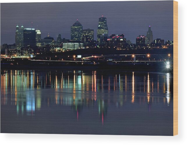 Kansas Wood Print featuring the photograph Kaw Point Night Lights by Frozen in Time Fine Art Photography