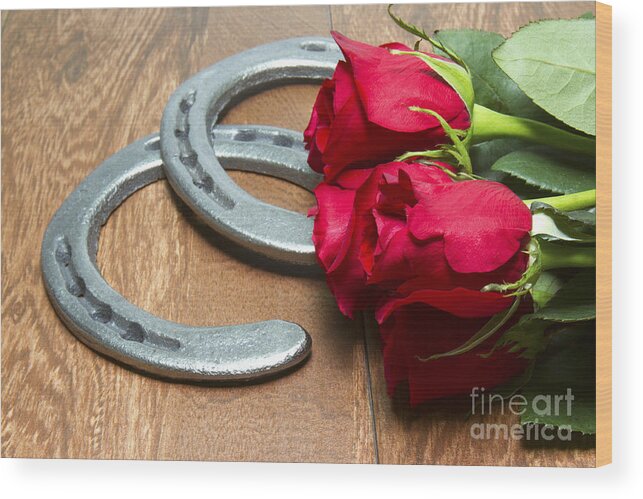 Kentucky Derby Wood Print featuring the photograph Kentucky Derby Red Roses with Horseshoes on Wood by Karen Foley