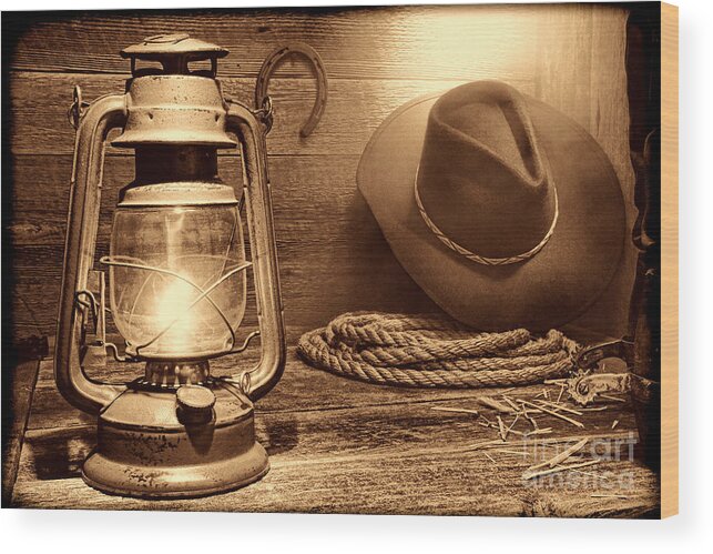 Western Wood Print featuring the photograph Kerosene Lantern by American West Legend By Olivier Le Queinec