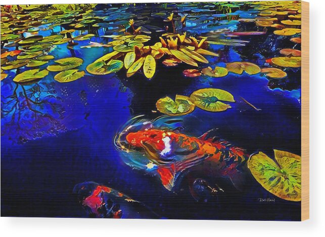 Fish Wood Print featuring the digital art Koi in a Pond of Water Lilies by Russ Harris